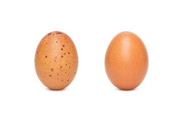 Flawed chicken eggs with clean eggs on white background