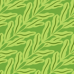 Vintage nature seamless pattern with doodle hand drawn foliage leaves elements. Green light palette.