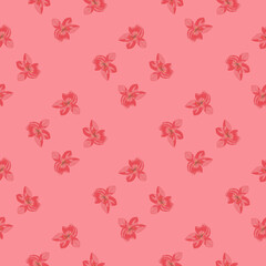 Geometric style seamless ditsy pattern with orchid flower shapes. Pink palette artrwork.