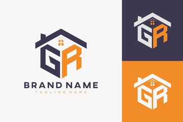 hexagon GR house monogram logo for real estate, property, construction business identity. box shaped home initiral with fav icons vector graphic template - obrazy, fototapety, plakaty