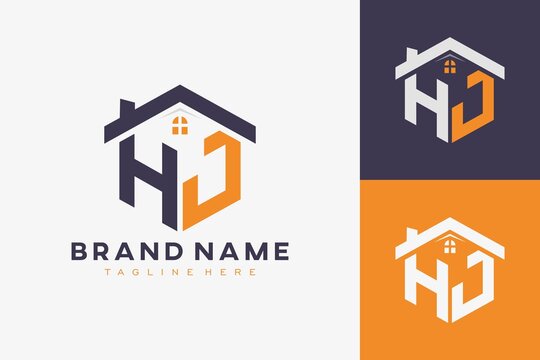 hexagon HJ house monogram logo for real estate, property, construction business identity. box shaped home initiral with fav icons vector graphic template