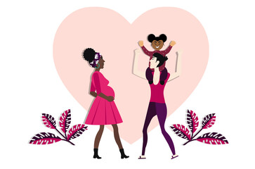 Ilustración vectorial de hermosa familia lgbt. Pareja de lesbianas juegan en el parque con su hija pequeña y el bebe que esperan. 