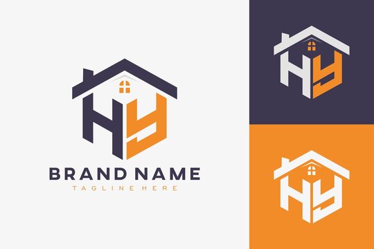 hexagon HY house monogram logo for real estate, property, construction business identity. box shaped home initiral with fav icons vector graphic template