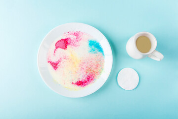 Fun kids science experiments. Step by step instruction: how to make colorful stains in milk. Step2 pour milk into a plate and add dye. Entertaining chemistry.