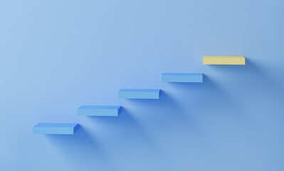 Pastel blue stairs leading to yellow top step, success, top level or career minimal modern concept. Trendy 3d render for social media banners, promotion, cosmetic product show.
