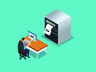 2D print vector concept. Young businessman using a computer to printing a car picture by 2d printer