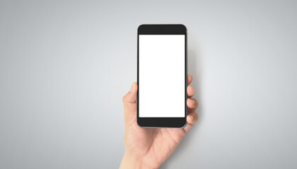 Hand holding smartphone device touching screen