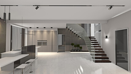 Interior of modern kitchen 3D-rendering