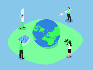 Save the Earth vector concept. Group of people carrying alternative energy while saving earth from global warming