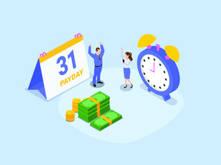 Payday vector concept. Two business people feeling happy while getting money and standing with calendar and alarm clock