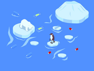 Global warming vector concept. Polar bear and penguin standing on melting glacier ice with plastic trash pollution floating on ocean