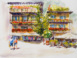 Limone Sul Garda, Lombardy, Italy. Centrum of the city with shops and colorful houses. Picture created with watercolors.