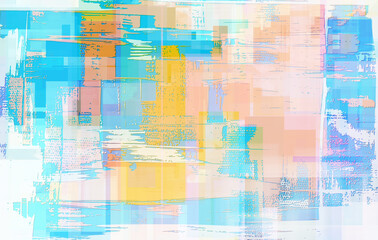 Light blue, azure dirty art background painting. Yellow, orange, peach colour and blue paint accents. Rough brush strokes digitally painted artwork