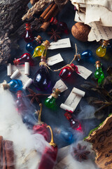 Bottles with colored contents are on the table. small bottles of potions and books of spells and recipes are on the wizard's desk in the smoke