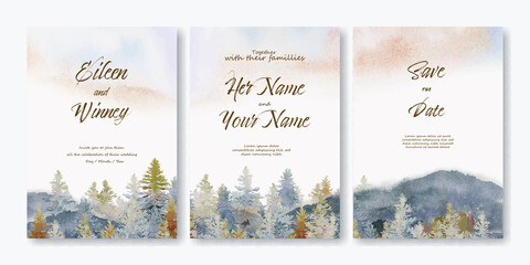 Wedding invitation card set with watercolor landscape paintings pine and mountain.
