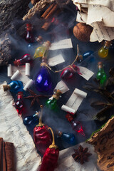 Bottles with colored contents are on the table. small bottles of potions and books of spells and recipes are on the wizard's desk in the smoke