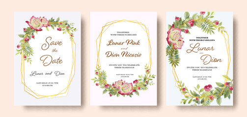 Wedding invitation vintage frame set Roses, cherry, leaves, watercolor, isolated.