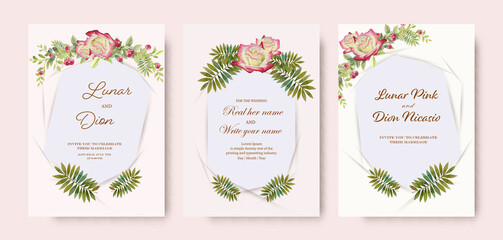 Collection wedding invitation card vintage set pink roses watercolor.
