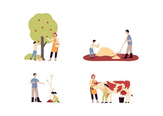Family farm set of characters working in farm, flat vector illustration isolated.