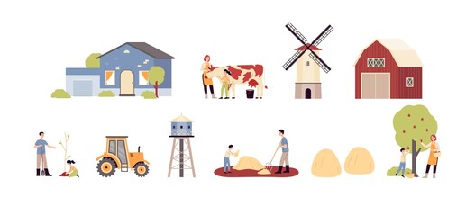 Fototapeta premium Family farming set of symbols with farmers, flat vector illustration isolated.