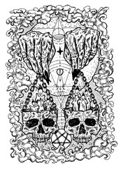 Black and white engraved illustration of hands holding scales with skull cups and candles inside. Mystic background for Halloween, esoteric, gothic, occult concept, tattoo sketch