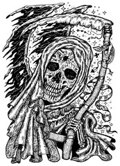 Black and white engraved illustration of scary death skull or grim reaper holding scythe. Mystic background for Halloween, esoteric, gothic, occult concept, tattoo sketch