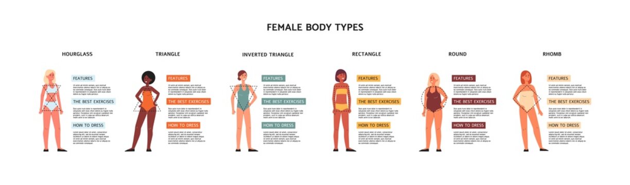Female body types in classification of geometric shapes, vector illustration.