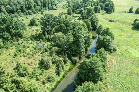 winding river among field and forest. Isloch river valley, Belarus. aerial photo