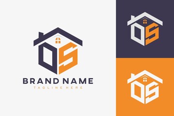 hexagon OS house monogram logo for real estate, property, construction business identity. box shaped home initiral with fav icons vector graphic template - obrazy, fototapety, plakaty