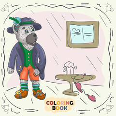 Book color contour illustration for small children in the style of doodle Teddy bear in the national costume of the German