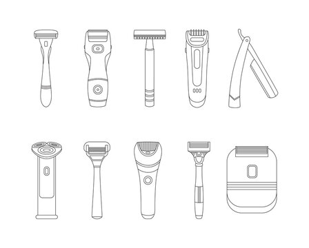Electric and handle razors, shavers with sharp blades, tools for hair removal.