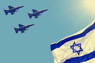 Israeli National waving flag and Military fighter jets against blue sky with sun shining. Independence day concept