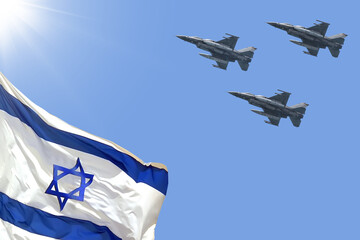 Israeli National waving flag and Military fighter jets against blue sky with sun shining....