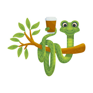 Green snake sits on tree with cup of coffee, flat vector illustration isolated.