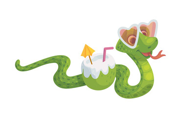 Funny snake character on summer vacation, flat vector illustration isolated.