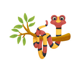 Cute cartoon snake on tree branch - happy reptile animal with stripes