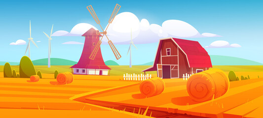 Windmill and barn on farm nature rural background with hay stacks on field and eco wind mills under cloudy sky. Countryside farmland tranquil summer time or fall landscape. Cartoon vector illustration © klyaksun
