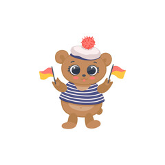 Funny cartoon character animal sailor dressed in striped vest hold color flags