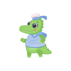 Cute cartoon sailor crocodile in marine hat, flat vector illustration isolated.