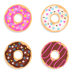 Donuts, set of chocolate donuts isolated on white background. Vector illustration.