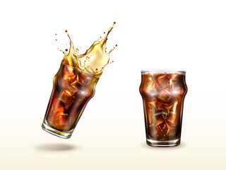 Splash cola, soda, cold tea or coffee with ice cubes. Splashing drink in glass cup with air bubbles. Isolated summer cocktail or whiskey alcohol beverage, Realistic 3d vector illustration, clip art - obrazy, fototapety, plakaty