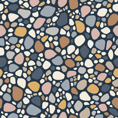 Hand-Drawn Doodle Sea Pebbles Vector Seamless Pattern. Summer Beach Seaside Print. Ocean Fashion Textile Blue, White Background. Seashore Elements Texture for Fabrics, Wallpaper