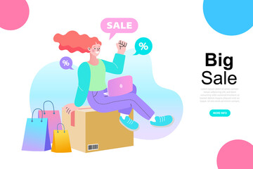 Delivery service isometric concept. woman check order from laptop. Freelance woman seller check product order. Online Selling. Online Shopping. Vector.