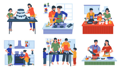 Food preparing. Cartoon families and friends cooking at home. Mother with daughter baking holiday cake. Couple frying vegetables and meat for lunch together. Vector kitchen interiors