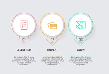 Concept of shopping process with 3 successive steps. Three colorful graphic elements. Timeline design for brochure, presentation, web site. Infographic design layout.