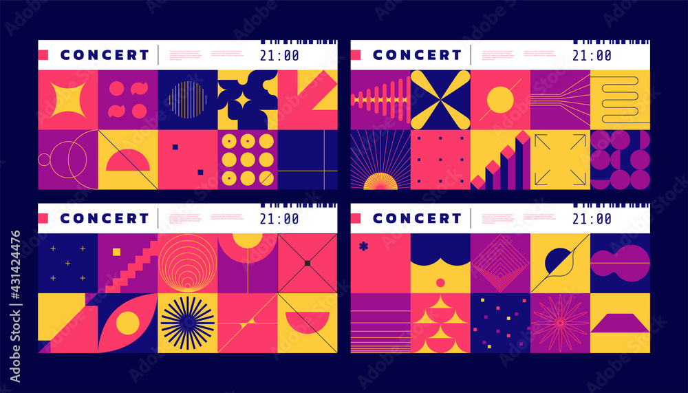 Poster geometric tickets. music concert and cinema entry tags with abstract bauhaus elements. contour figur