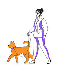 Woman walking dog and listening to podcast. Happy female goes with puppy on leash. Cartoon cute girl enjoying music using earphones. Vector isolated person spends leisure time with pet