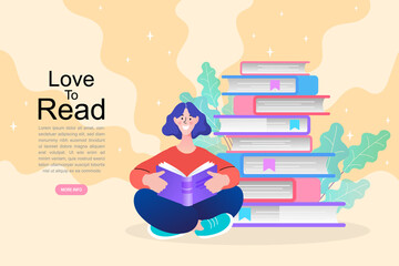 happy girl sitting beside book. woman reading books sitting on many books vector illustration.