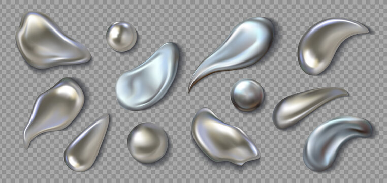 Realistic metal drops. 3D chrome paint splash. Mercury drip and liquid silver blob shapes. Melted smears or round droplets on transparent background. Vector glittering brushstrokes set