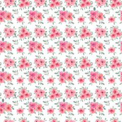 Obraz premium Watercolor pink delicate flowers with leaves. Seamless spring blooming pattern for banner design, business cards, brochures, invitation cards, wrapping paper, gift cards
